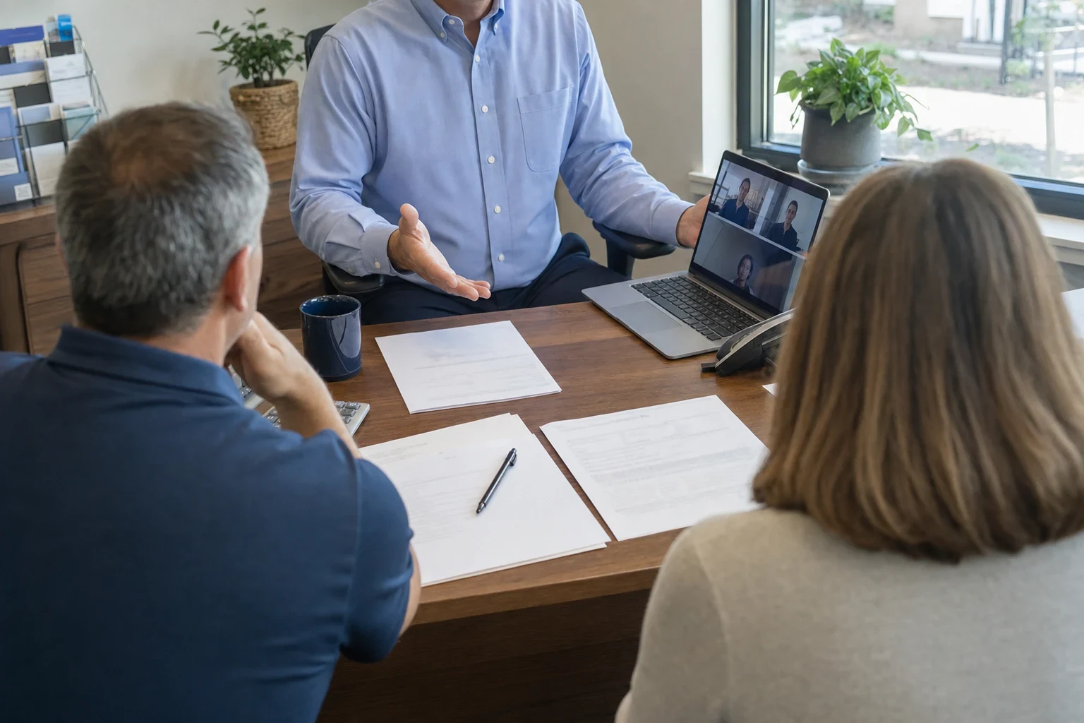Insurance agent in a blue shirt gestures across a wooden desk with papers and a laptop toward a couple seated with their backs to the camera, plants and a window behind